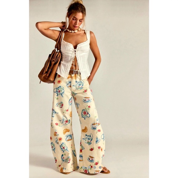 Free People Pants - **SOLD** Free People Cream Wide-Leg Tea Party Print Pants NWOT